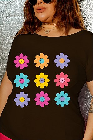 T-SHIRT PLUS SIZE FLORES MARGARIDAS DTF CHOCOLATE XG