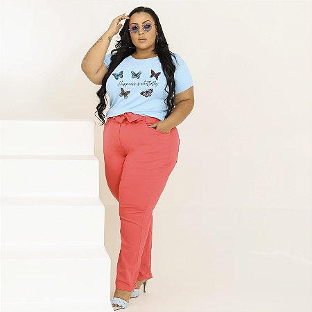 T-SHIRT PLUS SIZE HAPPINESS BORBOLETAS DTF AZUL BEBÊ XG