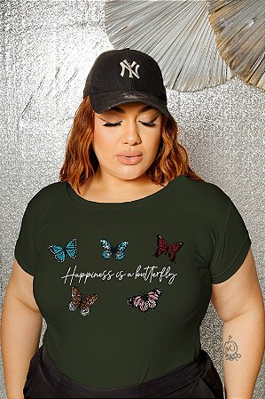 T-SHIRT PLUS SIZE HAPPINESS BORBOLETAS DTF VERDE MILITAR XG