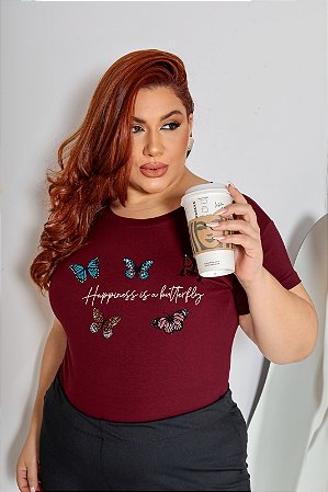T-SHIRT PLUS SIZE HAPPINESS BORBOLETAS DTF MARSALA XG