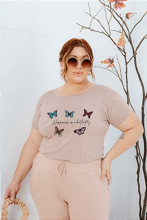 T-SHIRT PLUS SIZE HAPPINESS BORBOLETAS DTF BEGE XG