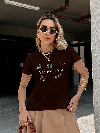 T-SHIRT HAPPINESS BORBOLETAS DTF CHOCOLATE
