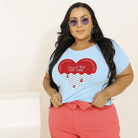 T-SHIRT PLUS SIZE ONDAS CORAÇÃO NEW YORK DTF AZUL BEBÊ XG