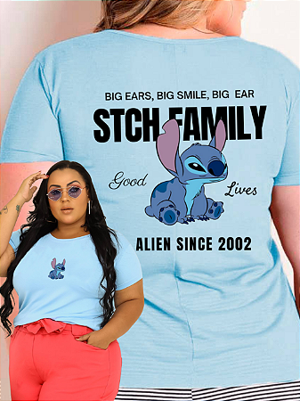 T-SHIRT PLUS SIZE STITCH FAMILY DTF AZUL BEBÊ XG