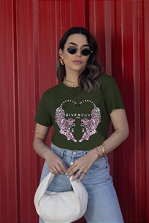T-SHIRT TIGRES CORAÇÃO DTF VERDE MILITAR
