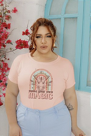 T-SHIRT PLUS SIZE MAKE MAGIC ARCO-IRÍS DTF ROSA BEBÊ XG