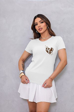 T-SHIRT COW PRINT CORAÇÃO DTF BRANCO