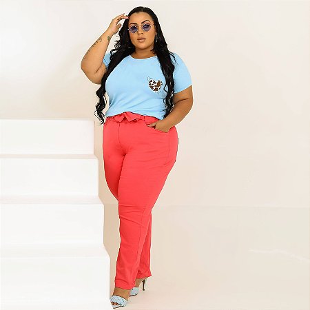 T-SHIRT PLUS SIZE COW PRINT CORAÇÃO DTF AZUL BEBÊ XG