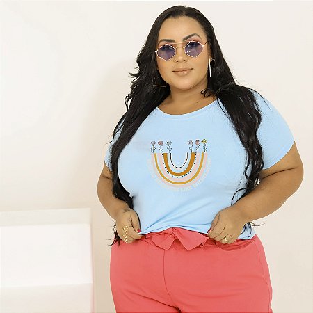 T-SHIRT PLUS SIZE SPREAD ARCO-IRIS DTF AZUL BEBÊ XG