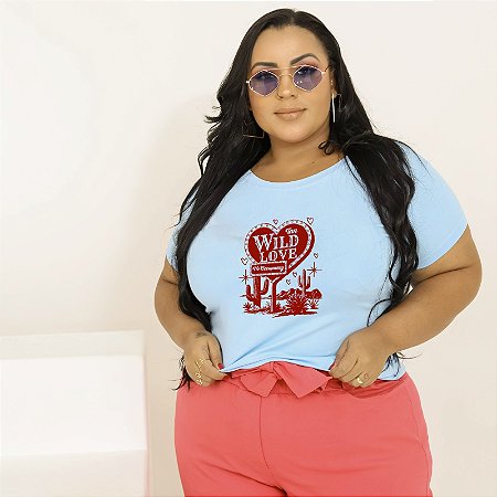T-SHIRT PLUS SIZE CACTUS WILD LOVE DTF AZUL BEBÊ XG