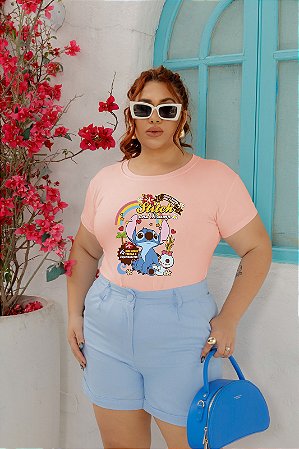 T-SHIRT PLUS SIZE STITCH ARCO-IRIS DTF ROSA BEBÊ XG