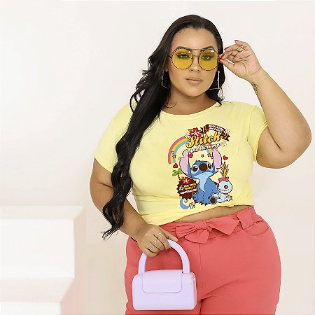T-SHIRT PLUS SIZE STITCH ARCO-IRIS DTF AMARELO BEBÊ XG