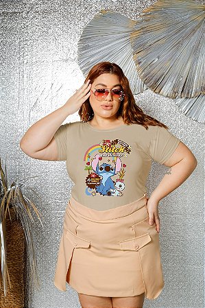 T-SHIRT PLUS SIZE STITCH ARCO-IRIS DTF BEGE XG