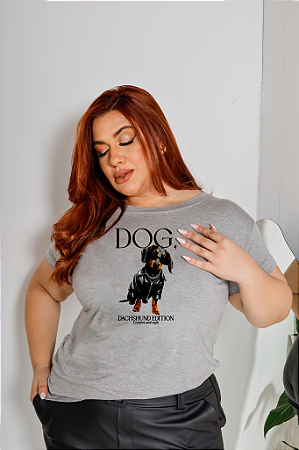 T-SHIRT PLUS SIZE DOG DACHSHUND DTF CINZA XG