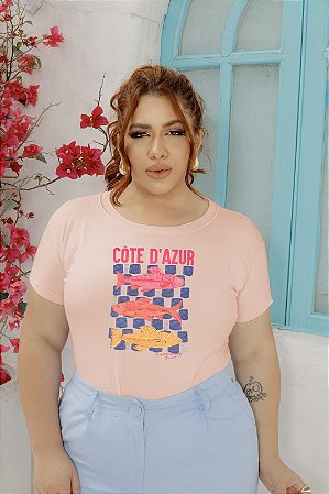 T-SHIRT PLUS SIZE PEIXES CÔTE A'ZUR DTF ROSA BEBÊ XG