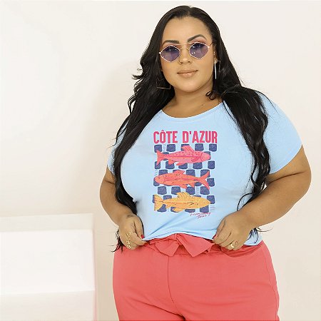 T-SHIRT PLUS SIZE PEIXES CÔTE A'ZUR DTF AZUL BEBÊ XG