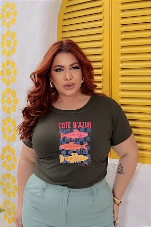 T-SHIRT PLUS SIZE PEIXES CÔTE A'ZUR DTF VERDE MILITAR XG