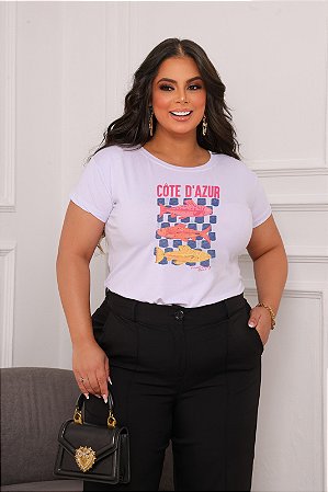 T-SHIRT PLUS SIZE PEIXES CÔTE A'ZUR DTF BRANCO XG
