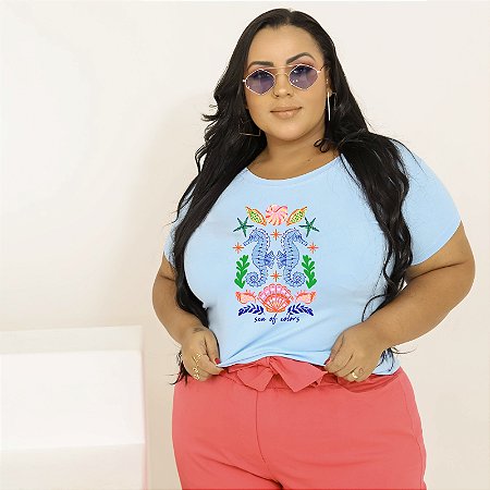 T-SHIRT PLUS SIZE CAVALO MARINHO SE O DTF AZUL BEBÊ XG