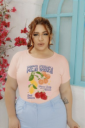 T-SHIRT PLUS SIZE FRUTAS FRESH GARDEN DTF ROSA BEBÊ XG
