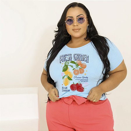 T-SHIRT PLUS SIZE FRUTAS FRESH GARDEN DTF AZUL BEBÊ XG