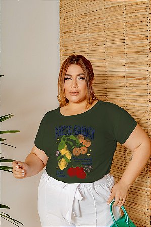 T-SHIRT PLUS SIZE FRUTAS FRESH GARDEN DTF VERDE MILITAR XG