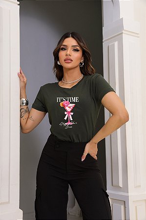 T-SHIRT IT'S TIME DRINK DTF VERDE MILITAR