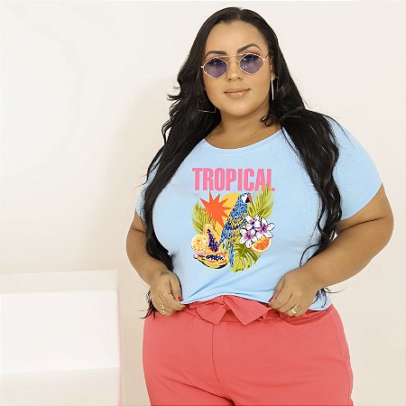 T-SHIRT PLUS SIZE ARARA TROPICAL DTF AZUL BEBÊ XG