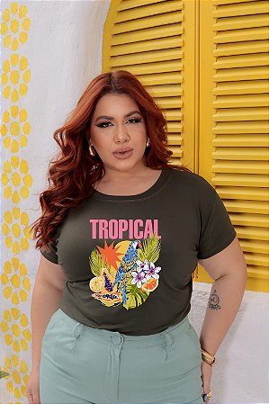 T-SHIRT PLUS SIZE ARARA TROPICAL DTF VERDE MILITAR XG
