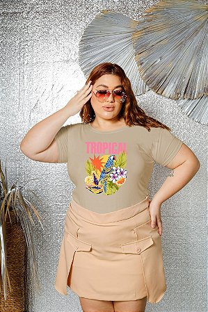 T-SHIRT PLUS SIZE ARARA TROPICAL DTF BEGE XG