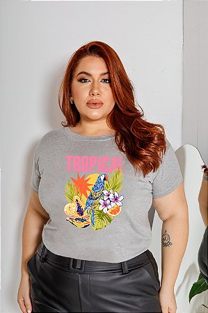 T-SHIRT PLUS SIZE ARARA TROPICAL DTF CINZA XG