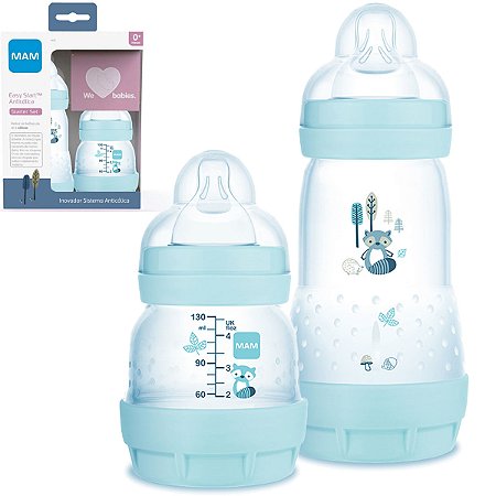 Kit 2 Mamadeira Mam Easy Start Anticólica Para Bebê Starter Set 130ml e 260ml 0+ e 2+ Meses Azul Menino