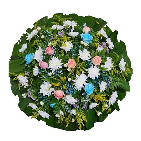 Coroa de Flores Com Rosas Azúis e Goiaba e Crisântemos Brancos