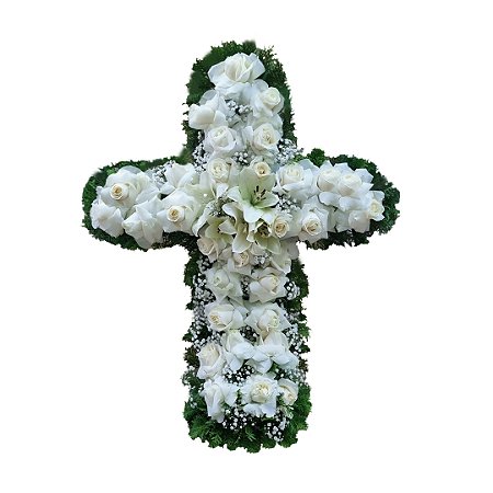 Cruz de Flores Brancas Naturais com Rosas Colombianas e Lírios