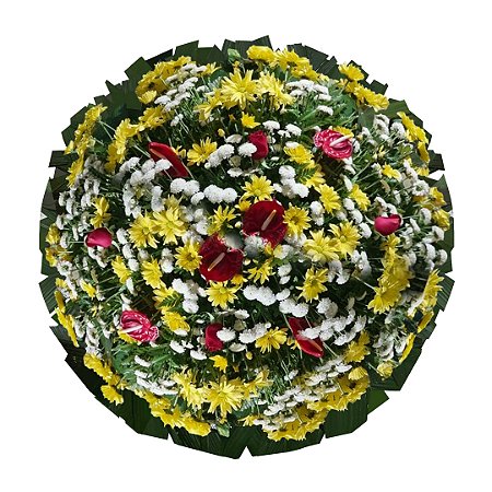 Coroa de Flores Com Antúrios Vermelho, Flores de campo Amarelas e Crisântemos Brancos.