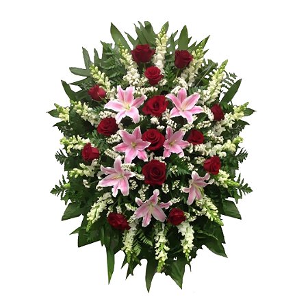 Coroa de Flores Elegance Lírios Cor de Rosa,  Rosas Colombianas Vermelhas  e uma folhagem selecionada.