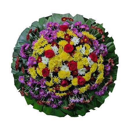 Coroa de Flores com Rosas Colombianas Vermelhas e Flores do Campo Selecionadas