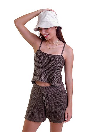 Short Tricot Crochê Com Bolso Verde Militar