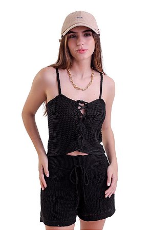 Short Tricot Crochê Com Bolso Preto