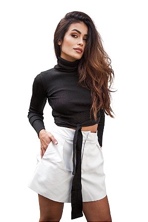 Short Couro Sintético Com Pregas Branco