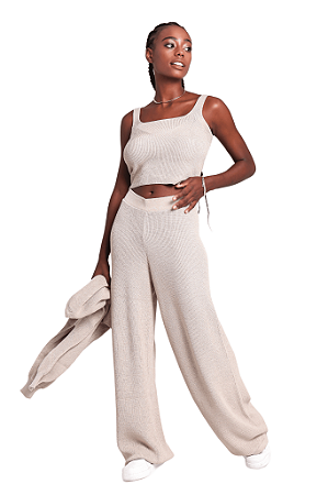 Calça tricot pantalona freddo canelada BEGE