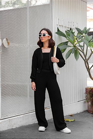 Calça tricot pantalona freddo canelada PRETA