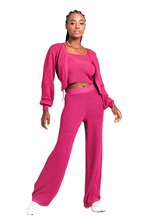 Calça tricot pantalona freddo canelada ROSA ESCURO