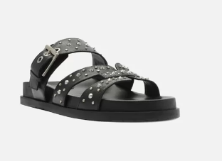 Sandália Papete Arezzo Rasteira Preta Couro Fivela Tachas