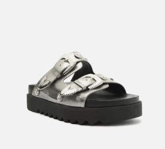 Sandália Papete Arezzo Prata Couro Flatform Fivelas Metais