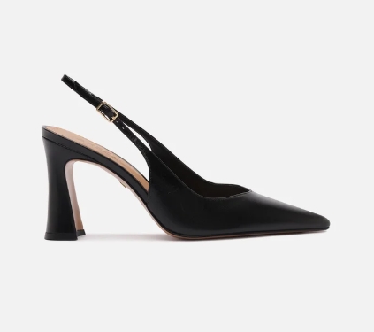 Scarpin Preto Couro Salto Alto Flare Slingback