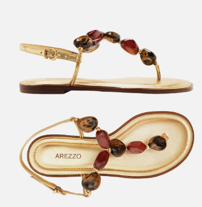 Sandália Arezzo Rasteira Dourada Slim Pedras Boho