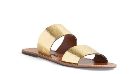 Rasteira Santa Lolla Flat Couro Craquele Metalizadas Tiras Largas Dourada