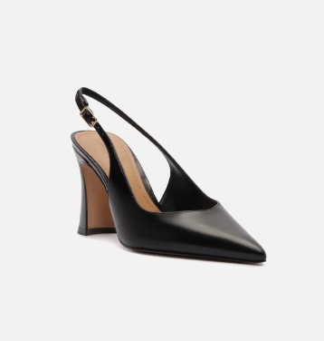 Scarpin Preto Couro Salto Alto Flare Slingback