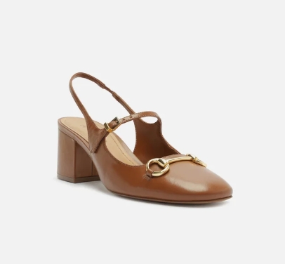 Scarpin Marrom Couro Salto Bloco Bridão Slingback
